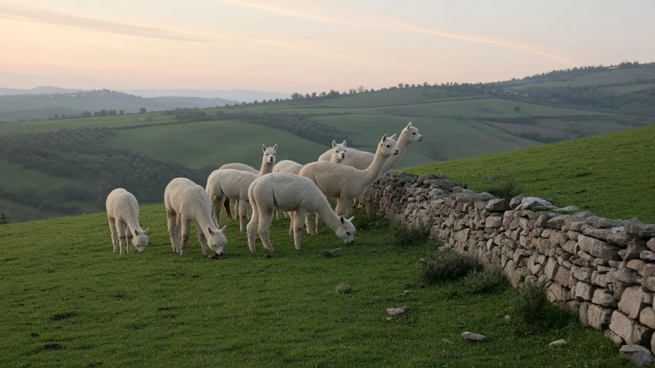 Un gruppo di alpaca al pascolo su una collina