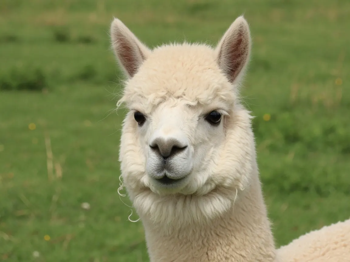 Ritratto ravvicinato di un alpaca chiaro che guarda verso l’obiettivo