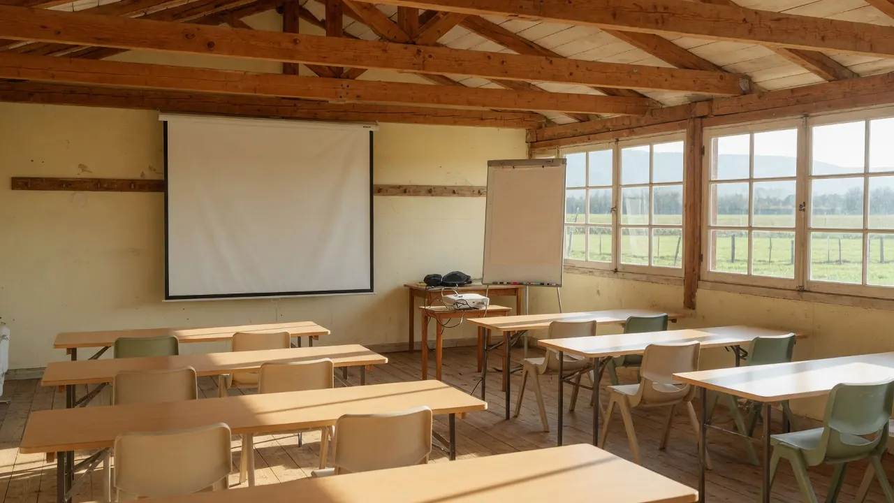 Un’aula con tavoli e sedie, uno schermo per proiezioni e una lavagna a fogli, davanti a grandi finestre sulla campagna