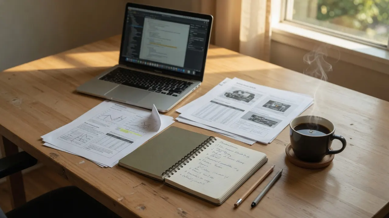 Una scrivania con documenti tecnici, un quaderno e un computer portatile
