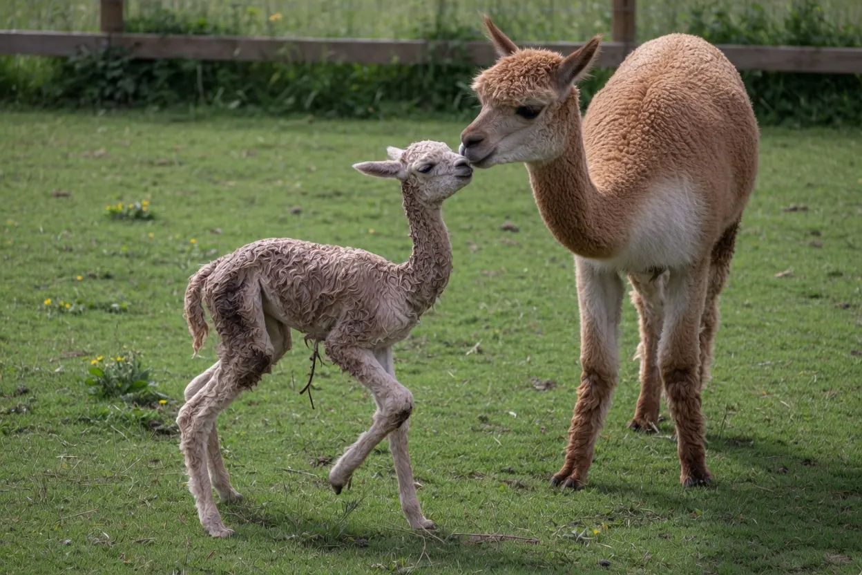 Un cria, piccolo di alpaca, accanto alla madre al pascolo
