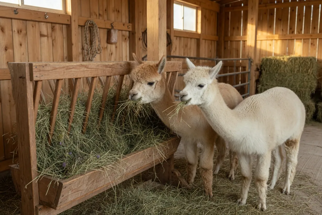 Fieno in una mangiatoia di legno, con alcuni alpaca sullo sfondo