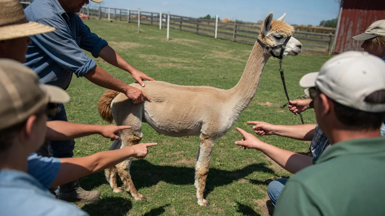 Un gruppo di persone attorno a un alpaca tosato, in un prato, indica con le mani le regioni del corpo