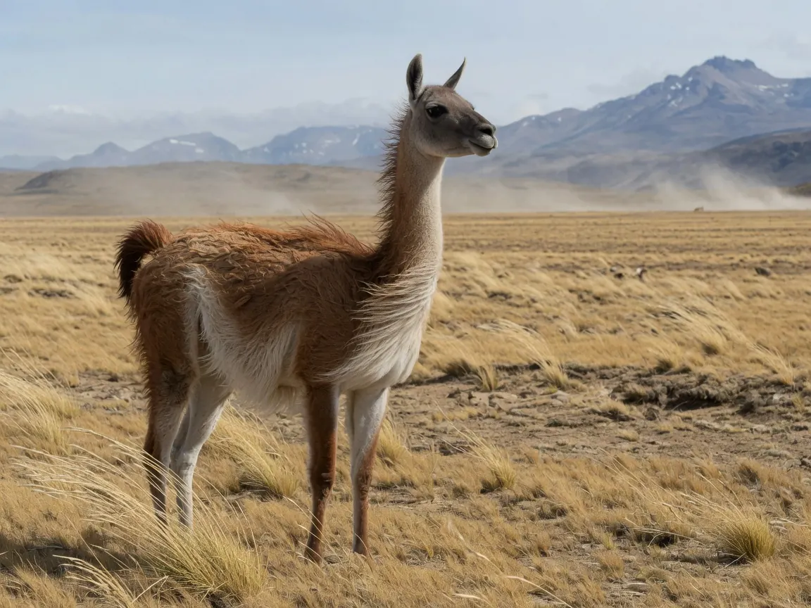 Un guanaco fulvo nella steppa sudamericana