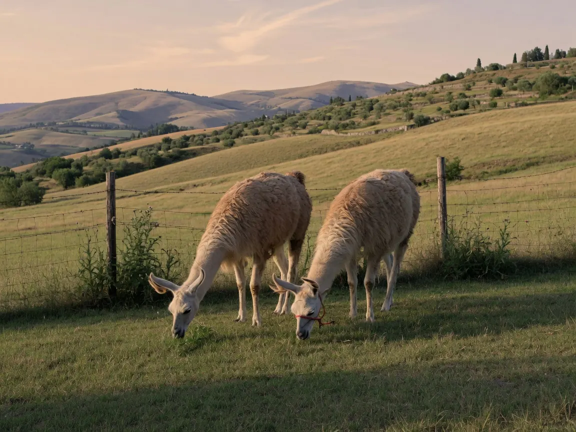 Due lama al pascolo in un recinto erboso