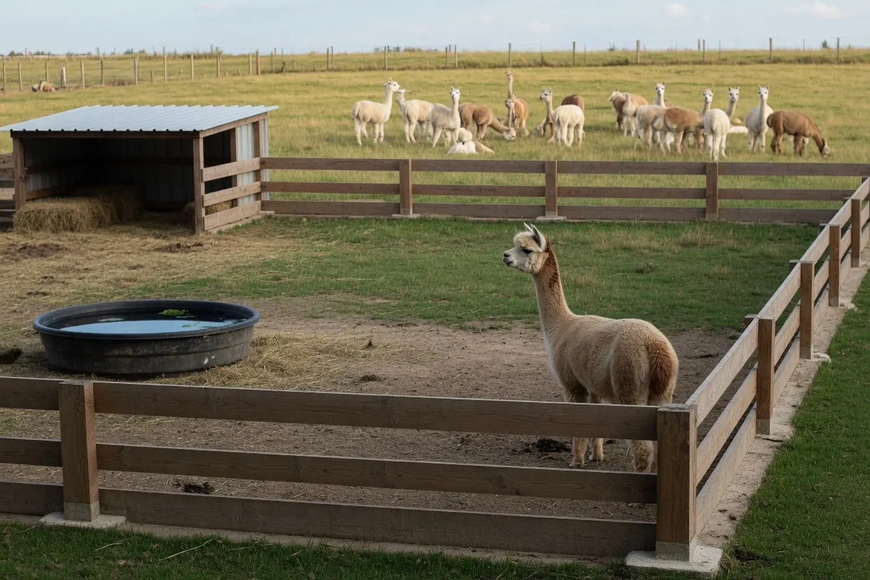 Un alpaca in un recinto di legno separato, con il gruppo che pascola a distanza