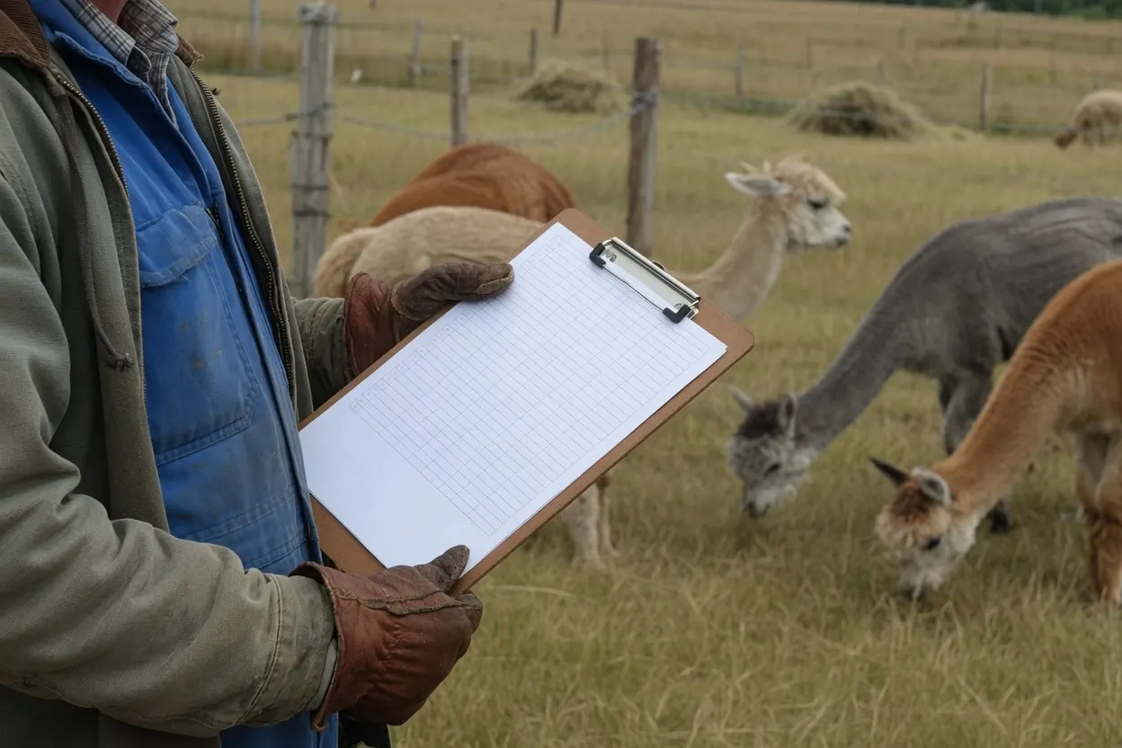 Una scheda di raccolta dati compilata su una clipboard, con un recinto e alpaca sullo sfondo