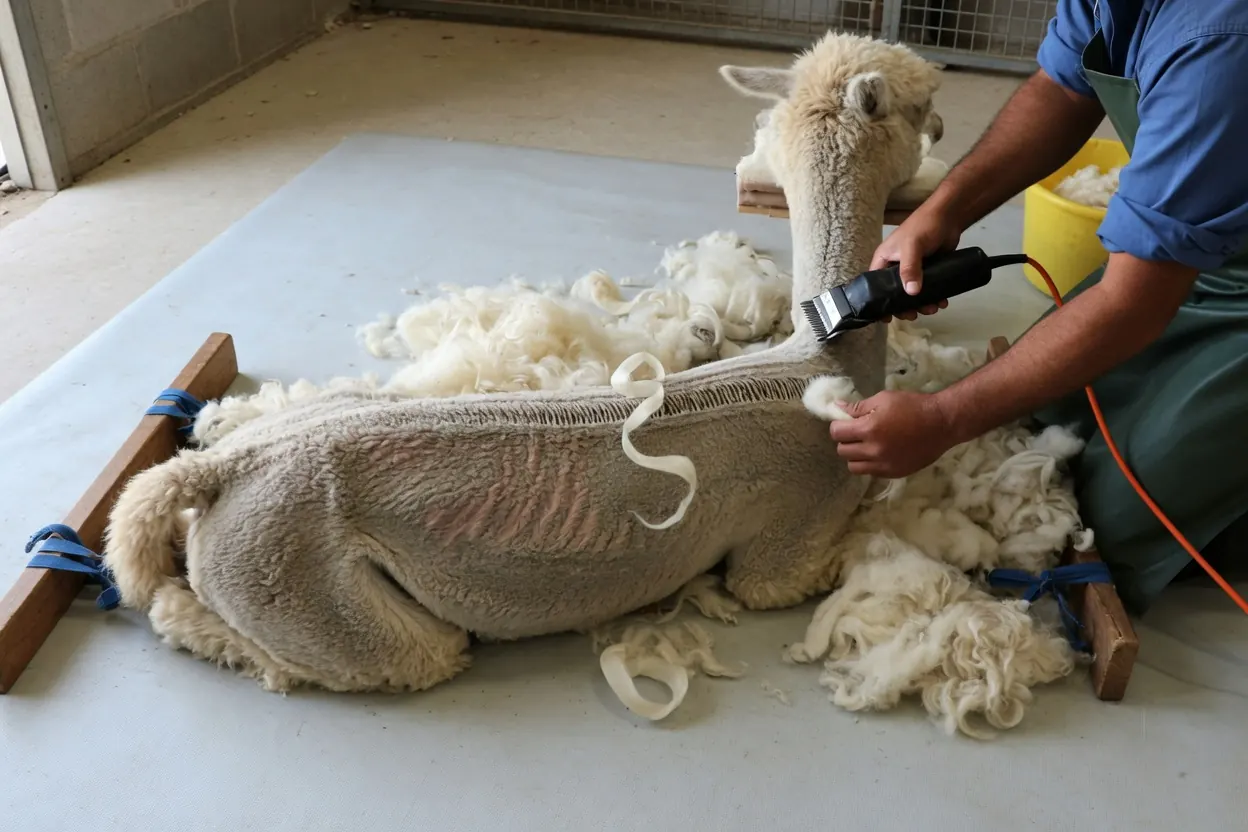 Un alpaca tosato a metà, disteso su un telo con le zampe legate a due assi, mentre un operatore usa la tosatrice