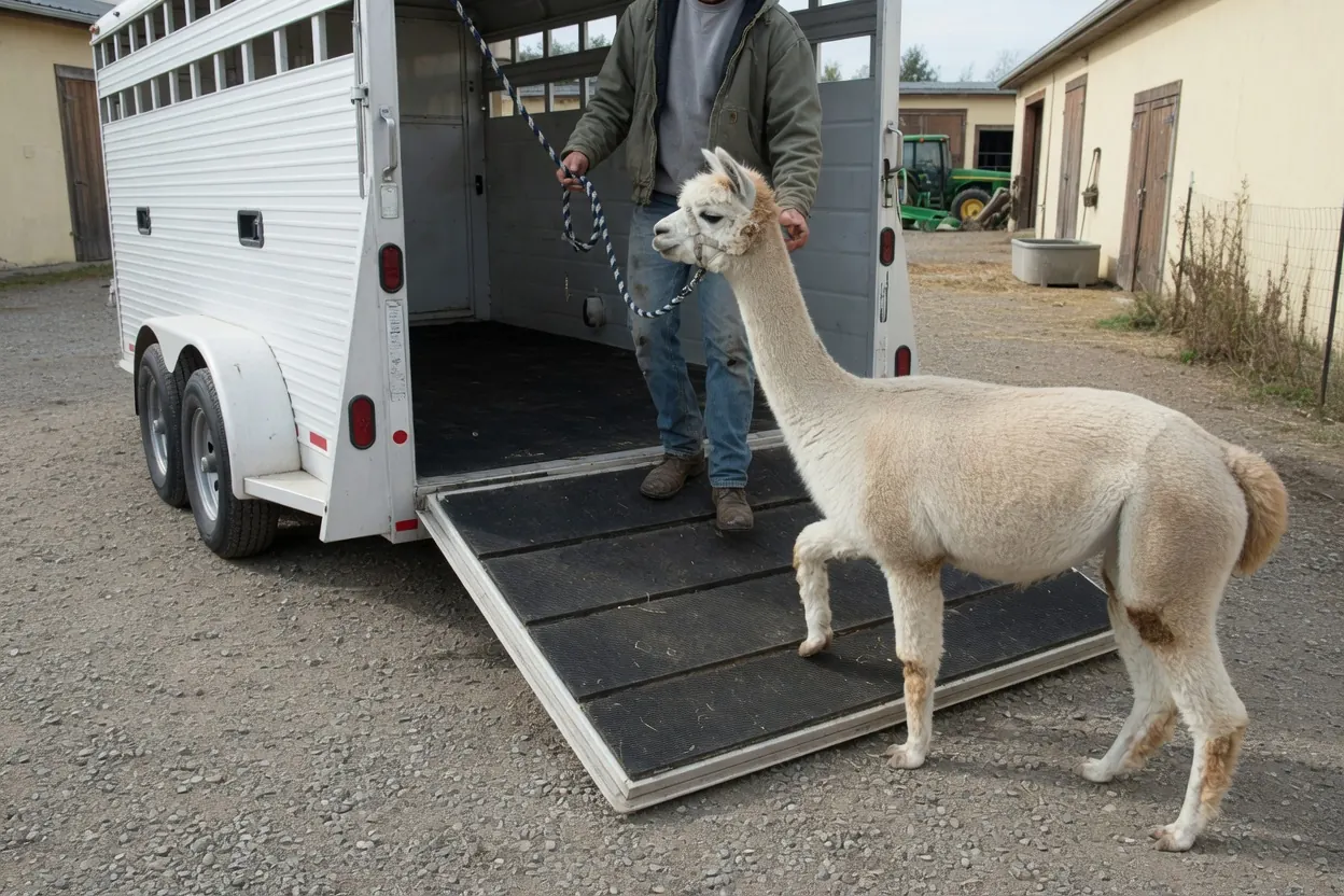 Una persona conduce con una cavezza un alpaca chiaro lungo la rampa di un trailer per il trasporto di animali