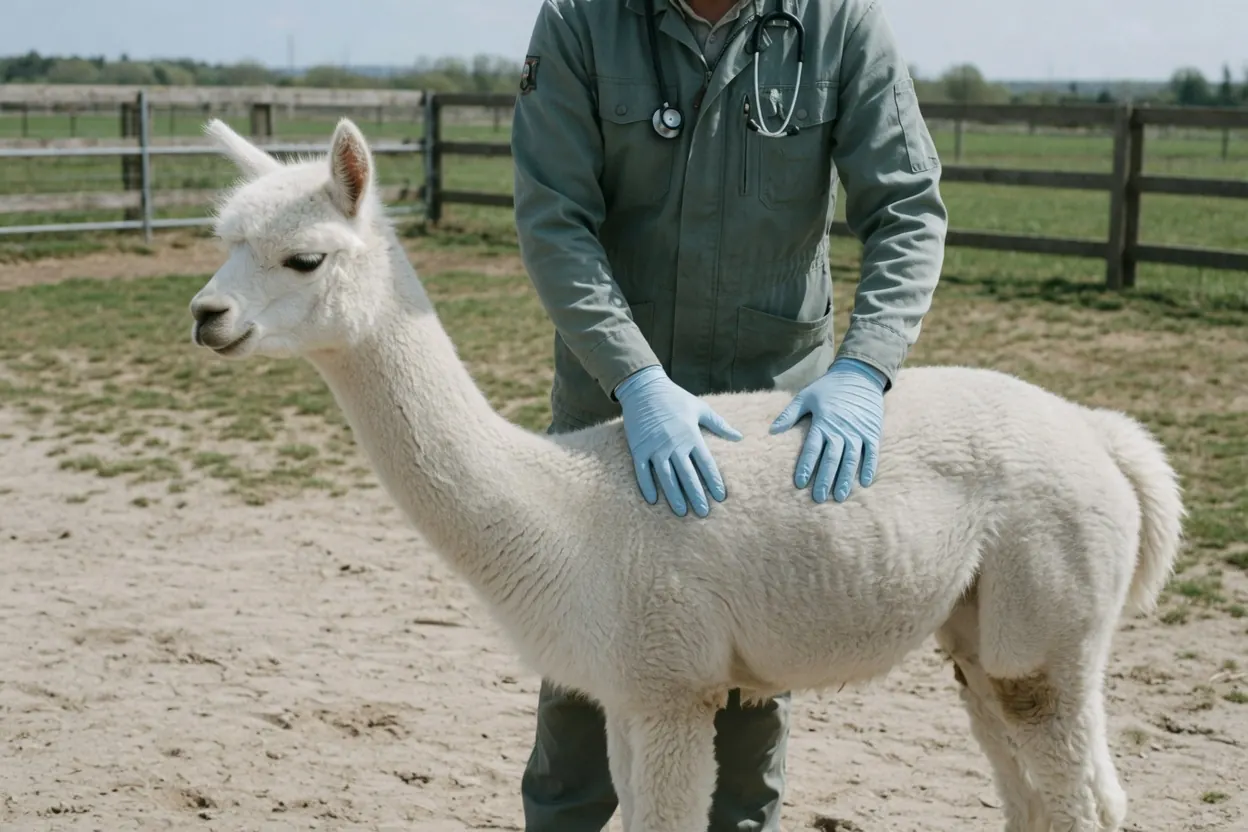 Un medico veterinario, visto di spalle, visita un alpaca in un recinto